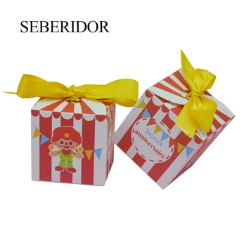 10 шт., для маленьких мальчиков и девочек, для вечеринки в честь 1-го дня рождения, мини-квадратная бумажная подарочная коробка для конфет, Красный цирковой клоун с принтом, Декор для детских мероприятий