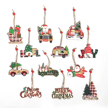 12 штук рождественских деревянных подвесных украшений Красный автомобиль грузовик Домик Санта-Клауса на дереве Деревянные подвесные поделки для украшения