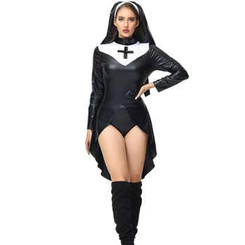 2023 Костюмы для косплея монахини на Хэллоуин, Винтажная ролевая игра священника, Черная женская ролевая игра из искусственной кожи, фантазийные костюмы для вечеринок