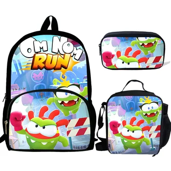 3шт Рюкзак с принтом Mochila Game Om Nom для мальчиков и девочек, школьные сумки, детская сумка для книг с рисунком, детская школьная сумка с пакетом