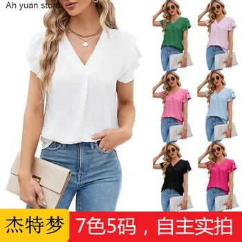 Ah yuan/ Женская летняя новинка 2023 года, женская шифоновая рубашка с V-образным вырезом и рюшами по краю, топ с коротким рукавом