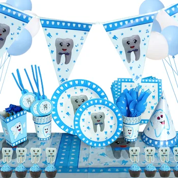 Blue Teeth Принадлежности для вечеринки по случаю Дня рождения Baby Shower My First Tooth Одноразовая посуда Бумажные Тарелки Салфетка Мультяшная детская игрушка Подарок для девочки