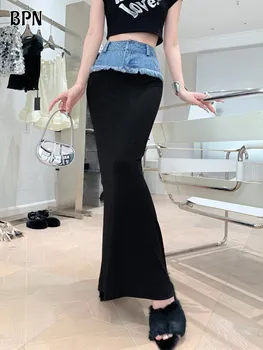 BPN Повседневный Модные джинсовые юбки с разрезами для женщин, с высокой талией, с карманами в стиле пэчворк, с разрезом на бедрах, узкая юбка, женская модная одежда