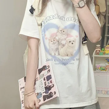 Deeptown, белые футболки с принтом кота в японском стиле, женские милые кавайные футболки с коротким рукавом, модные свободные топы Harajuku Оверсайз