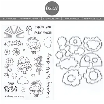 DzIxY Rainbow Flower Fairy Прозрачные штампы и металлические штампы для изготовления открыток Набор прозрачных печатей Трафареты для тиснения бумаги