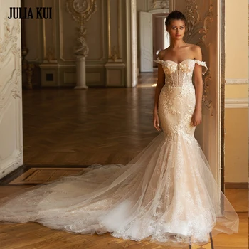 Julia Kui Элегантные свадебные платья Русалочки из тюля с открытыми плечами, свадебные платья-трубы в форме сердца.