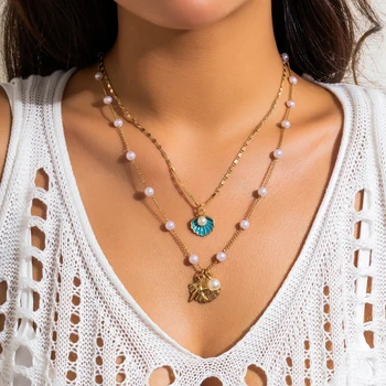 Salircon Boho, Металлическая раковина, подвеска в виде морской звезды, ожерелье с имитацией жемчуга, Двухслойная цепочка, ожерелье, Женские очаровательные украшения