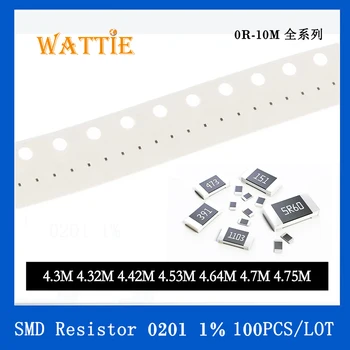 SMD резистор 0201 1% 4,3 М 4,32 М 4,42 М 4,53 М 4,64 М 4,7 М 4,75 М 100 шт./лот микросхемные резисторы 1/20 Вт 0,6 мм *0,3 мм