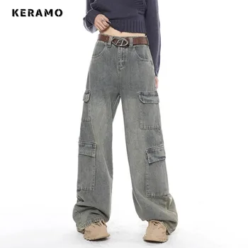 Американские винтажные прямые джинсы с высокой талией, брюки с карманами, женские повседневные мешковатые джинсовые брюки Y2K с широкими штанинами в стиле уличной одежды Гранж