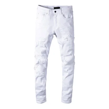 Белые потертые Высококачественные эластичные нашивки с ребрами жесткости, джинсовые брюки зауженного кроя, поврежденные дырявые джинсы-скинни