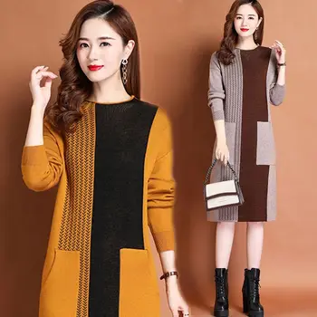 Высококачественная женская трикотажная осенне-зимняя одежда для мам средней длины, закрывающая живот, Тонкий свитер, платье-рубашка с низом