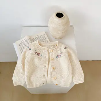 Вязаный свитер, Одежда для маленьких девочек, Осень 2023, Универсальная хлопчатобумажная пряжа, Простая вышивка, Длинный рукав, Однотонный Однобортный