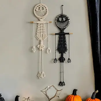 Гобелен со скелетом на Хэллоуин, тканый вручную, гобелен с кисточками 
