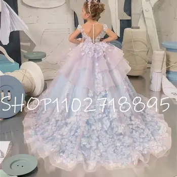 Голубое платье с цветочным узором для девочек, детское свадебное платье с аппликацией, платье со шлейфом на день рождения принцессы, Нарядное милое платье для ребенка