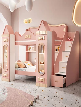Детская кровать, замок принцессы для девочек, кровать-домик на дереве, книжный шкаф, интегрированные верхняя и нижняя деревянные кровати, Двухъярусная кровать, мать и ч