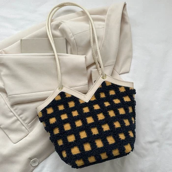 Женская ретро-сумка для покупок контрастного цвета, пушистая сумка-хобо, клетчатая сумка для отдыха в стиле пэчворк из искусственной кожи большой емкости для девочек