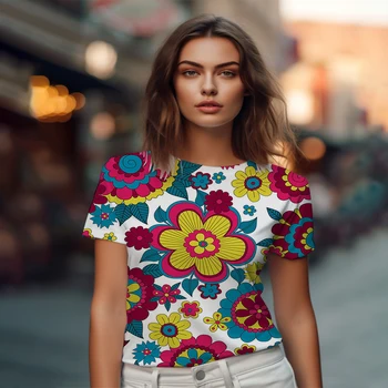 Женская футболка с цветочным 3D принтом, Летняя Новая женская футболка в стиле ретро, повседневная женская футболка, модный тренд, женская футболка