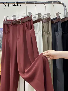 Женские брюки во французском стиле Yitimoky 2023, новая мода, Однотонный пояс, карманы, складки, Широкие брюки, повседневные свободные брюки полной длины