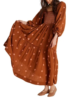 Женское макси-платье с цветочной вышивкой, рукав-фонарь, квадратный вырез, многоуровневое струящееся весенне-осеннее платье