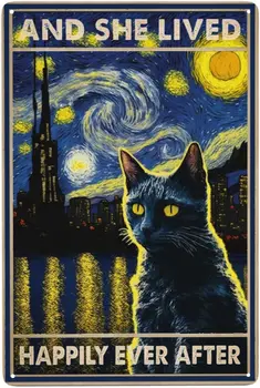 Забавные знаки с изображением Черной кошки, декор для спальни, настенное искусство, и она жила долго и счастливо Старинные металлические знаки с забавными животными, Луна, Звезды