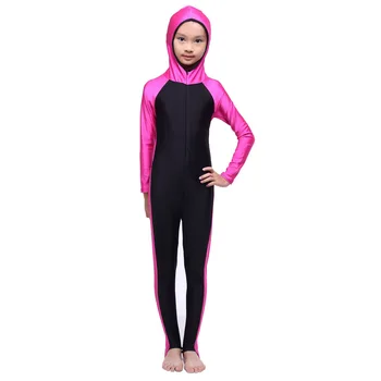 Исламские детские комплекты для плавания Msulim Girls, нейлоновые лоскутные буркини с капюшоном, брюки с длинными рукавами, комбинезон S-XL