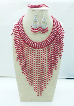 Классический, красный коралл, хрусталь Ожерелье для невесты в нигерийском стиле, браслет, набор для ушей