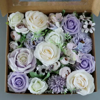 Коробочный набор искусственных фиолетовых цветов, искусственные пыльно-фиолетовые розы, комбинация цветов для свадьбы своими руками, свадебные букеты, центральные элементы домашнего декора