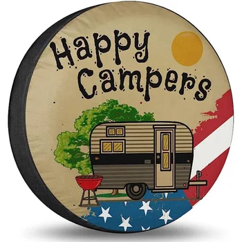 Крышка Шины Запасного Колеса Happy Camper Flag Защитная Крышка Запасного Колеса Защита Колес от Атмосферных Воздействий для Прицепа Camper Truck Travel Trailer