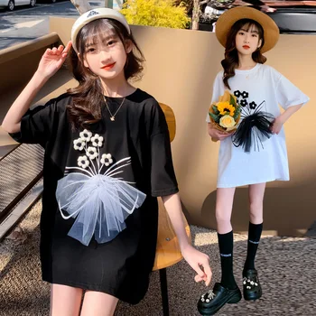 Летнее платье для девочек, хлопковая футболка с короткими рукавами для девочек, Корейская версия, свободный топ с длинными рукавами, одежда для девочек от 4 до 12 лет с героями мультфильмов