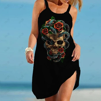 Летнее пляжное платье-слинг в стиле Бохо с принтом ужасного черепа, женские платья без рукавов, Гавайская повседневная пляжная одежда, Свободное ночное платье для девочек