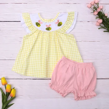 Летняя Милая Детская одежда для девочек от 1 до 8 лет Ярко-желтый Детский комплект из хлопка с вышивкой 