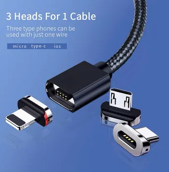 Магнитный всасывающий кабель Magic straight head 3-в-1 Кабель USB C-типа, зарядное устройство на 3 магнита, плетеный нейлоновый квадратный кабель для передачи данных
