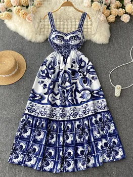 Макси-платье для летних каникул на подиуме, женское платье на бретельках с V-образным вырезом и открытой спиной, сине-белое платье с фарфоровым принтом, Длинное праздничное платье