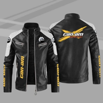 Мужские зимние кожаные куртки с логотипом CAN-AM, повседневное пальто, мужская модная мотоциклетная куртка, пальто, мужская флисовая теплая приталенная верхняя одежда