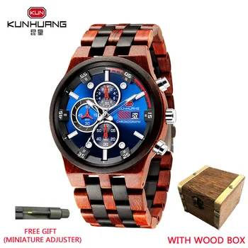 Мужские спортивные часы KUNHUANG из натурального красного сандалового дерева, модные деревянные кварцевые многофункциональные мужские часы с хронографом, Деревянная подарочная коробка