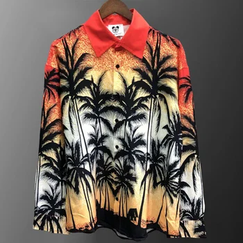 Мужской топ с длинными рукавами, Гавайская пляжная рубашка, Уличная одежда с Ботаническим Кокосовым принтом, хип-хоп Camisa Floral Masculina