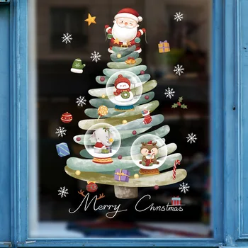 Мультяшная Рождественская Наклейка на окно Noel Glass Wall Decor Рождественская Елка Наклейка со статическим электричеством Санта Снеговик С Рождеством 2023 г.