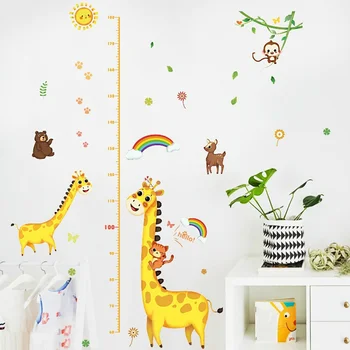 Мультяшные наклейки на стену для измерения роста в виде жирафа, линейка для измерения роста, Виниловые съемные наклейки на стены, декор для детской комнаты