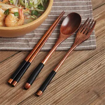 Набор из трех предметов для пикника, состоящий из ложки и палочек для еды с длинной ручкой, Натуральная устойчивая деревянная посуда для кемпинга, Универсальная футболка для путешествий