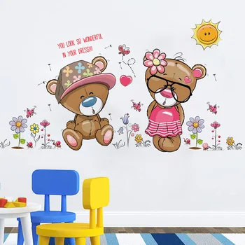 Наклейка на стену с мультяшными бурыми медведями для детской комнаты, домашний декор, наклейка на стену в детской, настенная роспись детского дома, наклейка на спальню