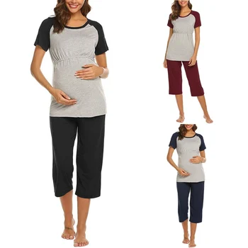 Одежда для беременных женщин, Цветовая гамма для монтажа при грудном вскармливании, открытая свободная футболка с коротким рукавом + шорты, повседневный комплект для беременных