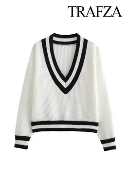 Осенне-зимний свитер TRAFZA для Wowen, вязаный полосатый пуловер с V-образным вырезом и длинным рукавом, свободные простые опрятные универсальные свитера