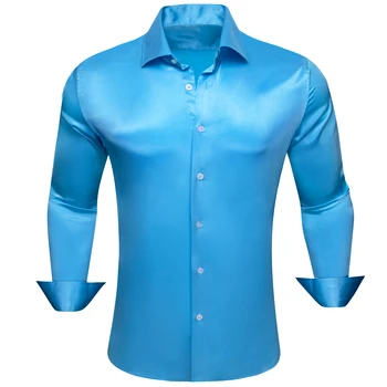 Роскошные рубашки для мужчин из шелкового атласа с длинным рукавом синего бирюзового цвета, Однотонные облегающие мужские блузки, Повседневные топы, дышащие Barry Wang