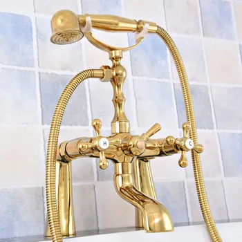 Роскошный Латунный смеситель для ванной комнаты золотого цвета, установленный на бортике, с двумя ручками, ручной душ в телефонном стиле, наполнитель для ванны на когтистых лапах atf787