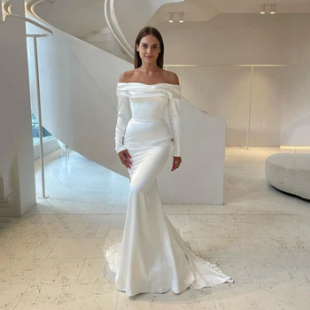 Сексуальные свадебные платья Русалки 2024 года со складками и длинными рукавами с открытыми плечами Белое атласное платье невесты Женское, сшитое на заказ Robe De Mariee