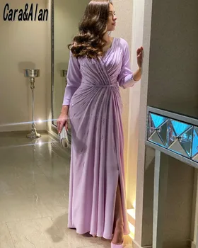 Скромные сиреневые вечерние платья из Саудовской Аравии, Роскошные вечерние платья трапециевидной формы с V-образным вырезом, расшитые бисером и блестками, Длинное вечернее платье