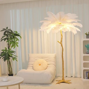 Торшер из перьев для гостиной, спальни, роскошная настольная лампа с декоративной атмосферой из страусиных вставок