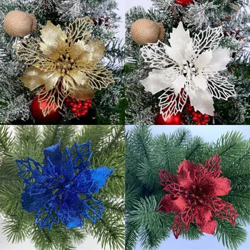 Украшения для Рождественской елки, блестящие искусственные рождественские цветы, Рождественский орнамент, цветы для украшения рождественской елки, НОВИНКА