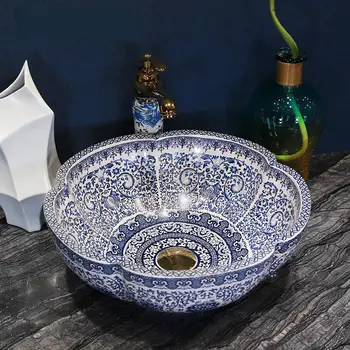 Фарфоровая керамическая столешница Lavabo Умывальник Гардеробная Ручная роспись сосуда Раковина для раковины в ванной комнате чаша для умывания синий и белый