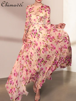Французское платье 2023, осенняя одежда, новое модное ретро-платье с длинными рукавами и принтом, Элегантное облегающее Макси-платье для женщин